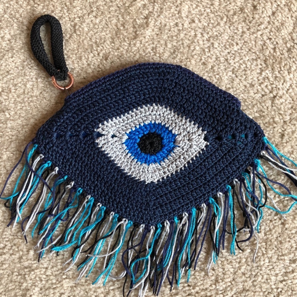 Evil eye knitted clutch blue white fringe bag handbag wristlet navy bag